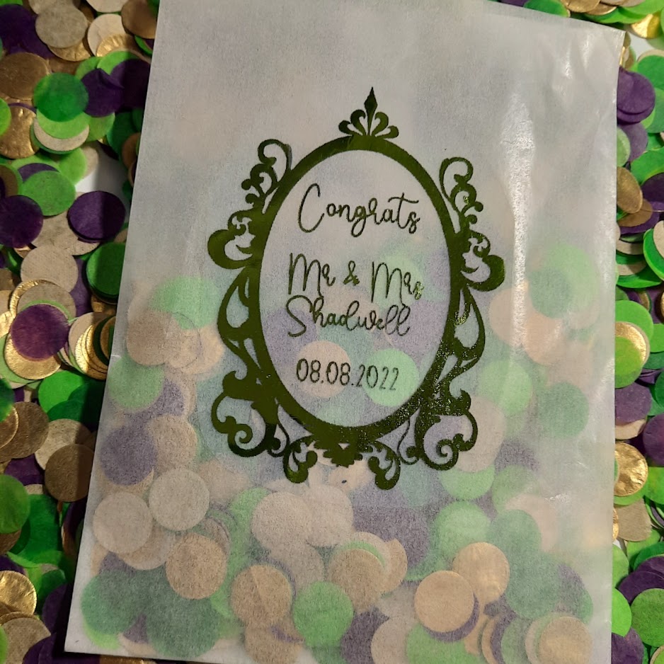 Biodegradable Wedding Confetti Glassine Bags - The Diana - Princess Frame Congrats Mr and Mrs