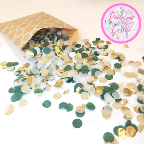 Biodegradable Wedding Confetti - Circles or Hearts - Deep Green, Gold and White