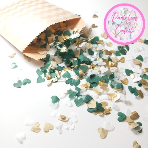 Biodegradable Wedding Confetti - Circles or Hearts - Deep Green, Gold and White