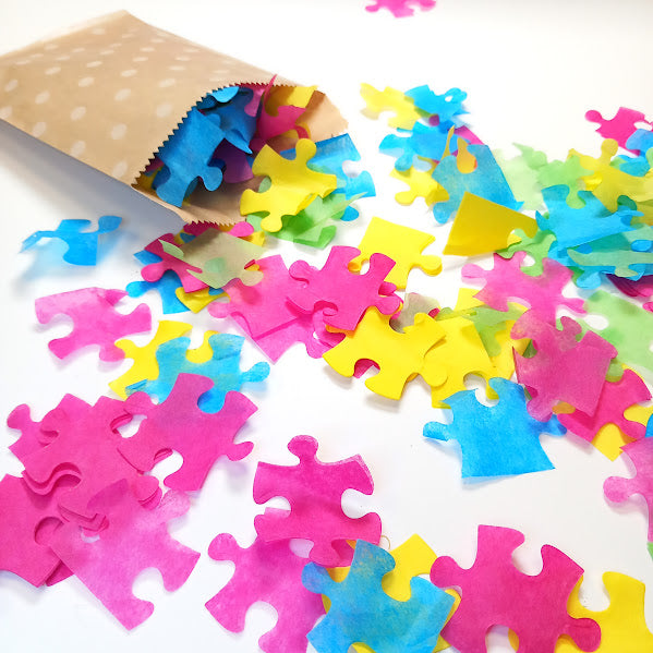 Biodegradable Jigsaw Confetti - Fiesta Blue, Yellow, Fuchsia Pink, Apple Green