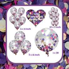 Load image into Gallery viewer, Biodegradable Confetti Filled Balloons - Gold, Dark Purple and Fuchsia Pink