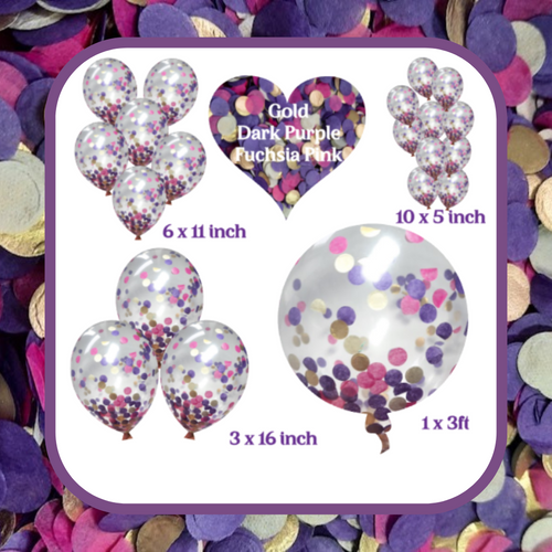 Biodegradable Confetti Filled Balloons - Gold, Dark Purple and Fuchsia Pink