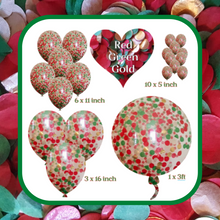 Load image into Gallery viewer, Confetti Filled Balloons with Free Ribbon - Red, Gold and Dark Green