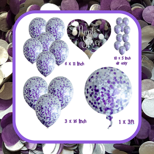 Confetti Filled Balloons with Free Ribbon - Dark Purple and Silver
